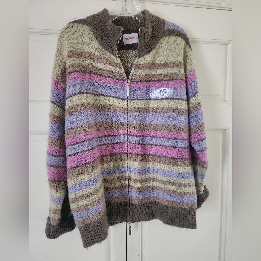 Bakyarder Women's Mohair Color  Striped V Neck Zip Up Sweater.New Condition
